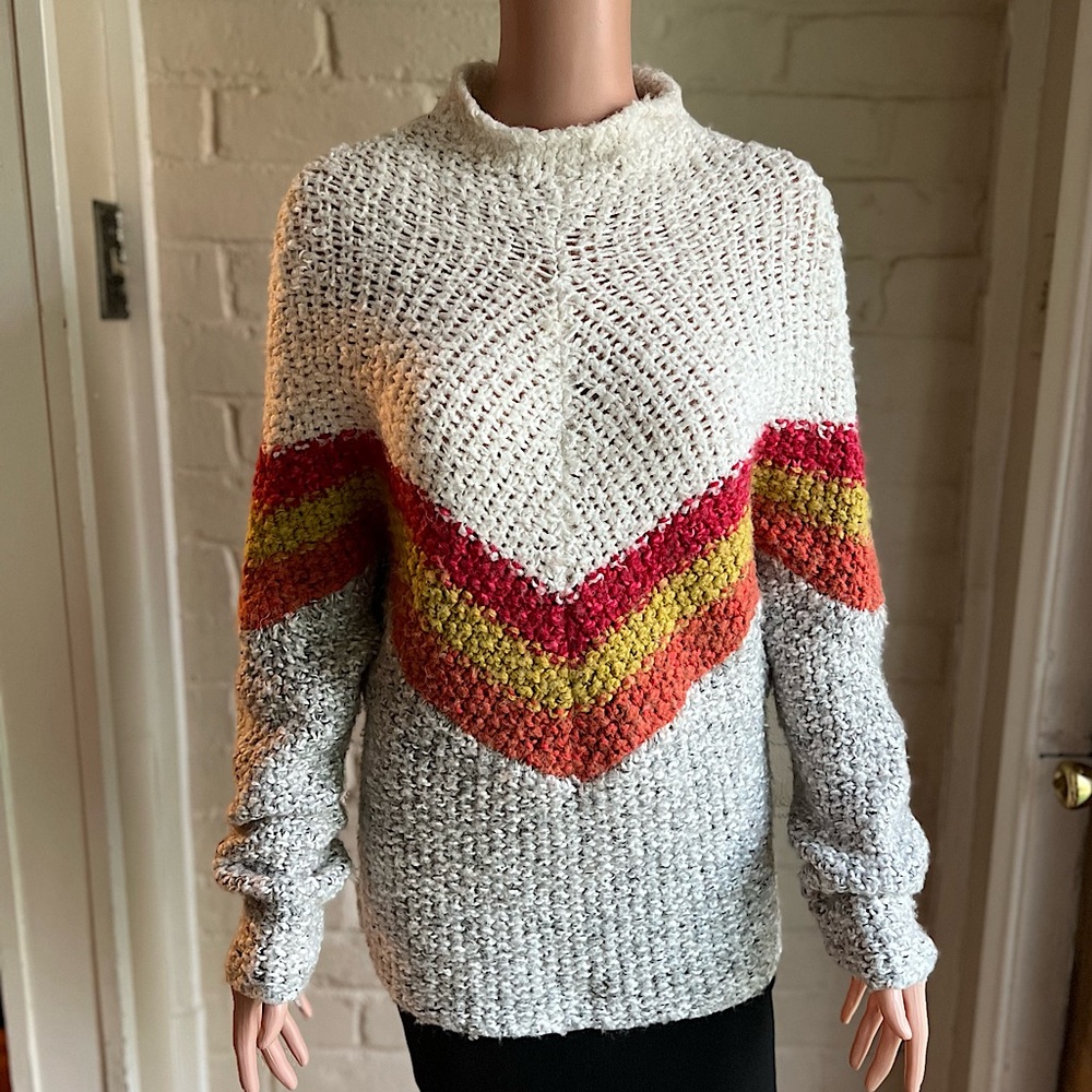 Free People size small medium oversized boho wool sweater gray cream red